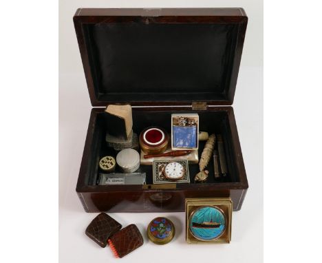 An interesting collection of items including mother of pearl card case, snuff boxes, miniature metal boxes, pencils, watches,
