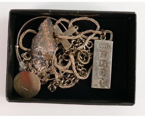 A collection of Silver jewellery including ingot and necklace, Victorian Mother brooch, Albert chain etc,58.7g. 