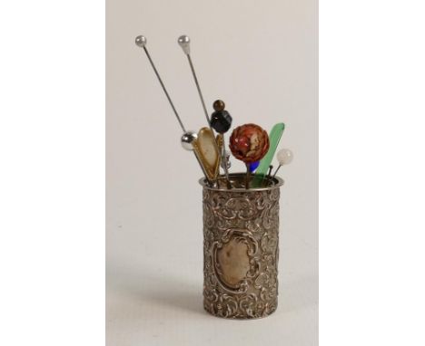 Silver Pot 40g with a selection of vintage hat pins, liner not original 