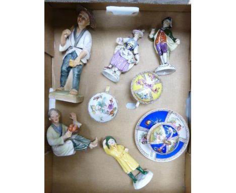 An interesting porcelain and pottery lot: including  Meissen style cups and saucers, pair porcelain miniature figures, Royal 