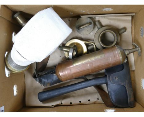 Fire brigade memorabilia: Interesting vintage lot containing Fireman's axe with belt &amp; pouch, display hose, fire extingui