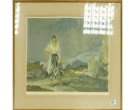 Russell Flint print of a lady walking in the countryside: 57.5cm x 47cm excluding frame 