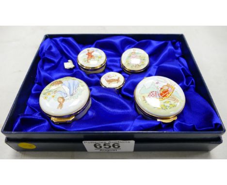 A Collection of Crummles For Royal Doulton Limited Edition Bunnykins theme enamel boxes, largest diameter of box 4.3cm 
