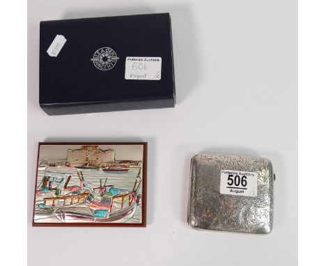 Silver cigarette case, 115g: together with Luigi Pesazes Silver embossed decorated small panel with harbor scene. (2) 