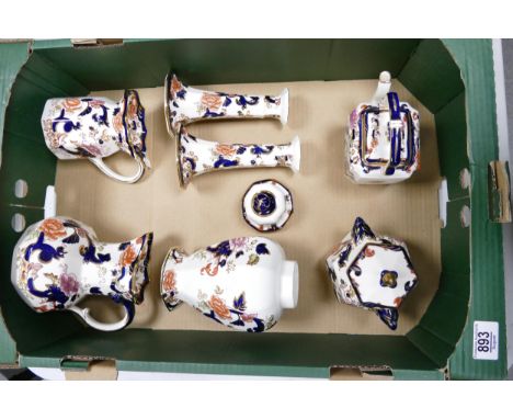 A collection of Masons Blue Mandalay patterned items including Jugs, Kettles, Candlestick vases etc 