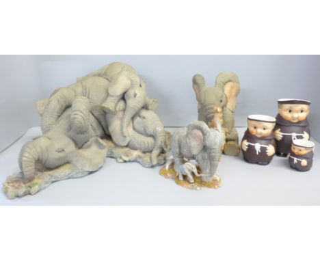 Two boxes of elephant figures, a limited edition Tuskers elephant group figure, three Steins including one musical and a set 