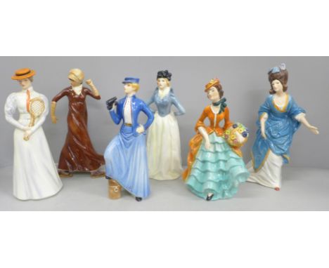 Six Goebel porcelain figures, Center Court, The Viscountes Diana, Gentle Breezes, Skimming Gently and two others