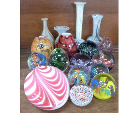 A collection of glass vases and paperweights including M’dina, Caithness, other Italian and Maltese glass and a Nailsea bottl