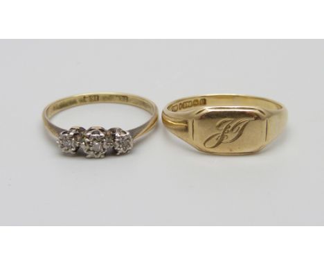 An 18ct gold, platinum set three stone diamond ring, 1.6g, N, and a 9ct gold ring, 1.9g, O