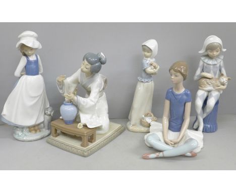 Two Lladro figures and three Nao figures 
