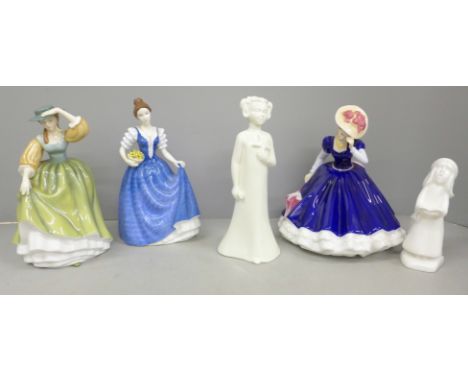 Four Royal Doulton figures and a Royal Worcester figure, boxed