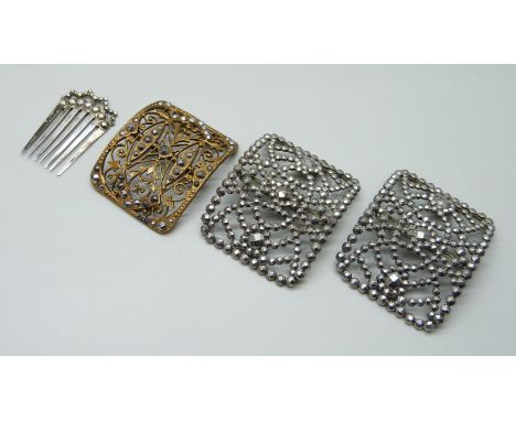 A pair of French cut steel buckles and one other, together with a comb marked 900
