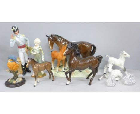 A collection of figures; Royal Doulton 'Morning Ma'am', Royal Worcester The Parakeet, a/f, two Swarovski swans, horses includ