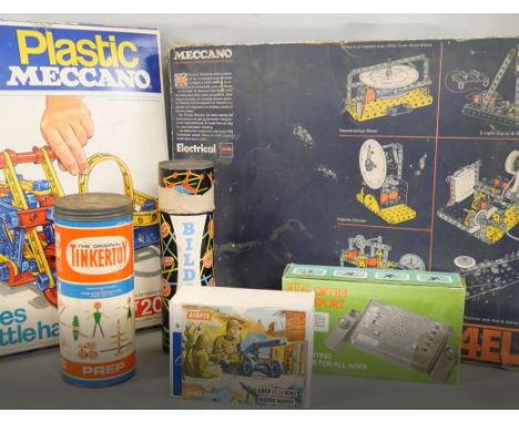A collection of toys and games including plastic Meccano dated 1974, electrical Meccano, missing parts, dated 1970, Tinkertoy
