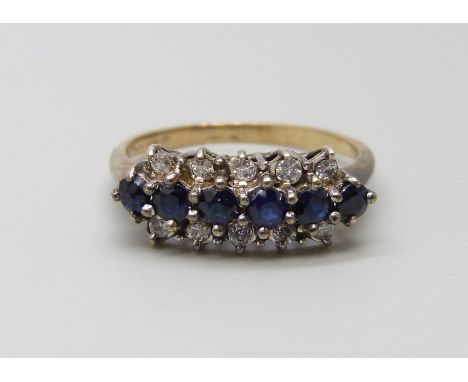 A 9ct gold six sapphire and ten diamond ring, 3g, P