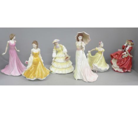 Six figures; Royal Doulton Top O’ The Hill, Royal Worcester Golden Wedding Anniversary and four others, Coalport Vicky a/f