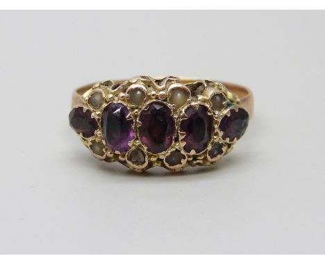A 9ct gold Victorian seed pearl amethyst ring, 2.3g, O