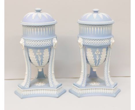 A pair of Wedgwood blue jasper cassolettes, ovoid bowls, tripod legs with acanthus leaves, lion masks, covers with leaves, po