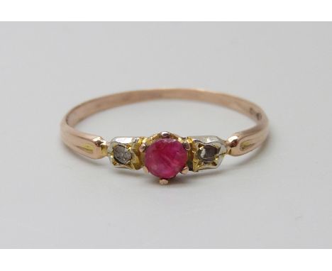 A 9ct gold ruby and diamond ring, 1.1g, P