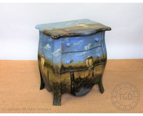 A modern painted bombe commode, decorated with birds in a wetland, 69cm H x 62cm W x 46cm D, with a vintage style Wimbledon T