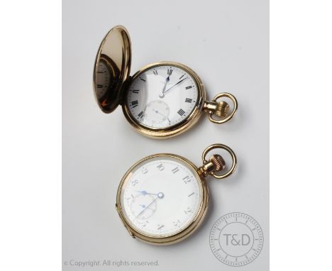 Two gold plated pocket watches comprising; a J.W. Benson London full hunter white enamel face, black Roman numerals and subsi