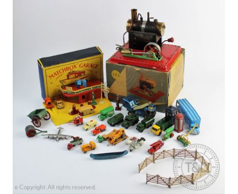 A Mamod SE2 steam engine, in original box, with a Matchbox Garage showroom and service station set, unboxed Lesney die cast v