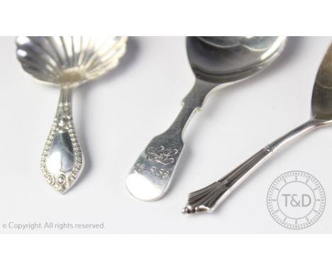 Three silver caddy spoons, Robert Stebbings, London 1912, Albany pattern, Walker & Hall, Sheffield 1896, shell shaped bowl an