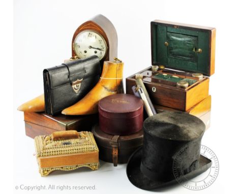 An Edwardian inlaid mahogany lancet shaped mantel clock, 30cm, with a walnut writing slope, a rosewood work box, a Best Londo
