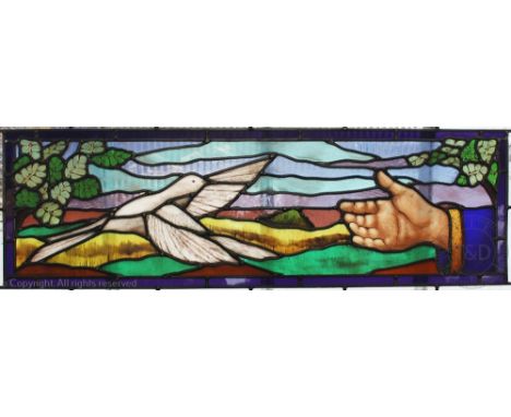 A modern lead and stained glass window, depicting the dove of peace, in light oak frame, 101.5cm x 38.5cm