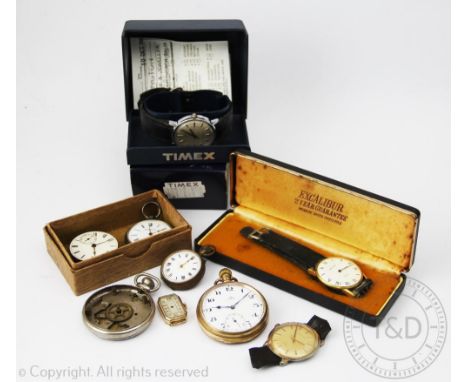 A Timex wristwatch in original box, an Omega open face pocket watch in gold plated case, a Timex wristwatch, an Excalibur wri