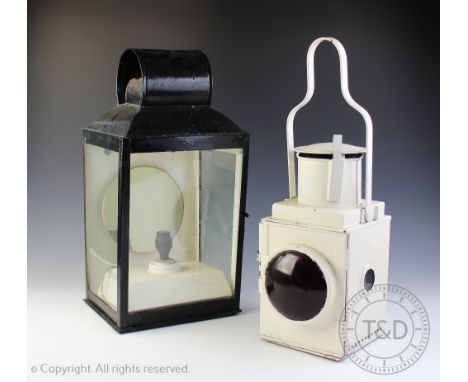 A Railway signallers lamp, marked 'B.R (W)', white painted, 52cm high and a black painted lantern, later converted to elevtri