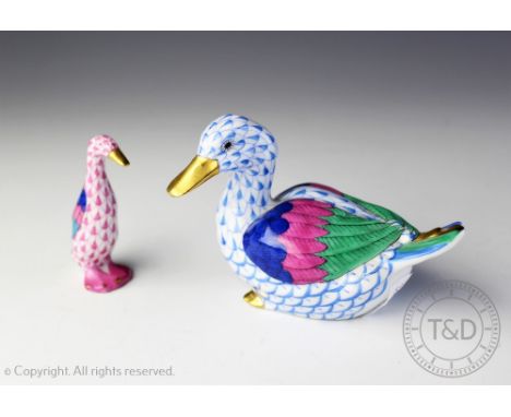 A Herend porcelain model of a duck, 7cm high, with a smaller Herend duck (2) CONDITION REPORT: No obvious chips, crack or res