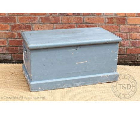 A late Victorian pine trunk, with later grey painting, 44cm H x 90cm W x 49cm D, with two Lloyd loom type chairs (3)