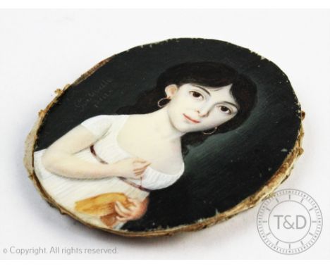 English School - early 19th century, Watercolour and gouache miniature on ivory, Portrait of a girl sewing, Insitinctly signe