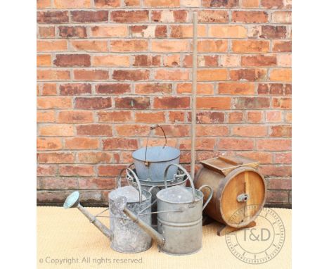 A selection of vintage garden and farm items, comprising two galvanised watering cans, five buckets, a wash dolly and an oak 