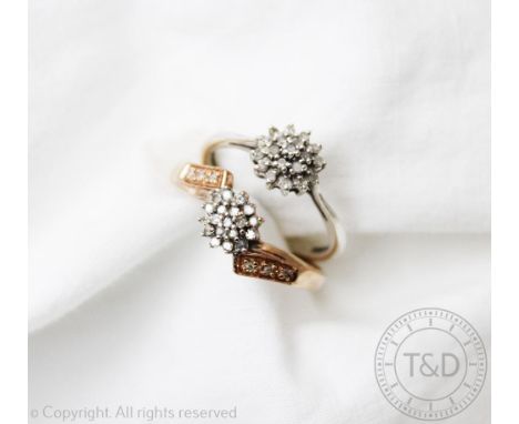 A diamond set circular cluster ring, all set in white metal, unmarked , another similar example in rose gold, also unmarked, 