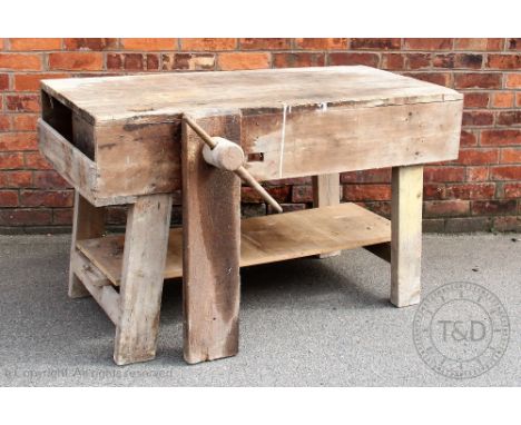 A vintage pine carpenters work table, 85cm H along with six vintage pine fruit crates 'Richard Moore Long Sutton' (7) (at fau