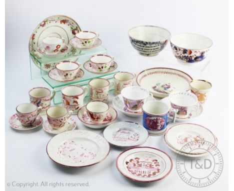 A collection of 19th century lustre wares, to include a moulded mug decorated with deer against a blue ground, four other mug