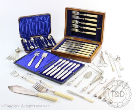 A selection of silver and silver plated flatware, to include; a set of six silver teaspoons, three silver handled butter kniv
