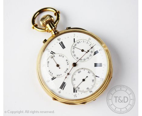 A French 14K open face calendar pocket watch, early 20th century, the white enamel dial with black Roman numerals and stone s