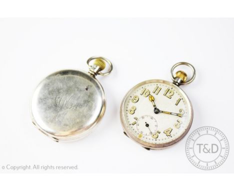 A silver cased full hunter pocket watch, Birmingham 1935 in Dennison case, white enamel dial with Roman numerals, dust cover 