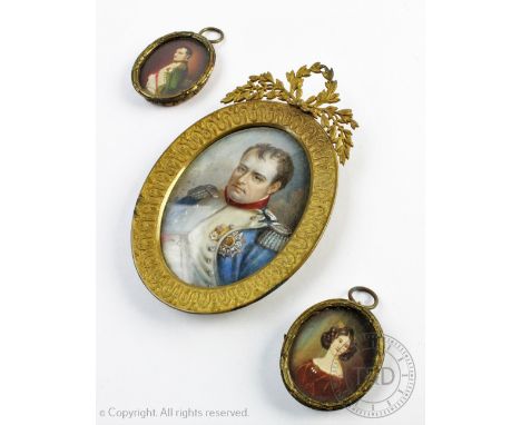 Continental School - 19th century, Watercolour on ivory miniature, Portrait of Napoleon Bonaparte, 7cm x 5cm, In brass frame,