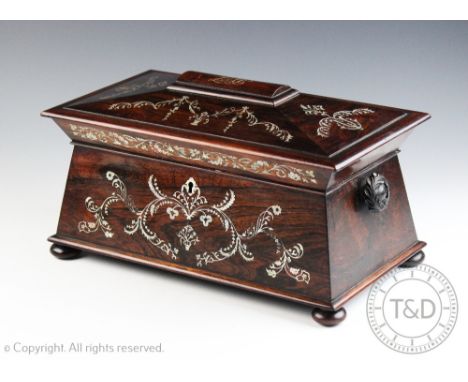 A William IV mother of pearl inlaid rosewood tea caddy, the top of the lid overlaid initials LAP? and decorated with scrollin