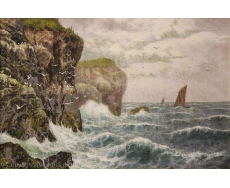 Alexander Mortimer - British b1850-?, Oil on canvas, Waved breaking along a rock shore line, Signed Alex Mortimer and dated 1