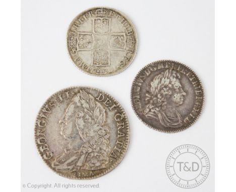 A George II 1746 Lima silver half crown; with a Queen Anne 1711 silver shilling and a George 1st 1723 silver shilling (3)