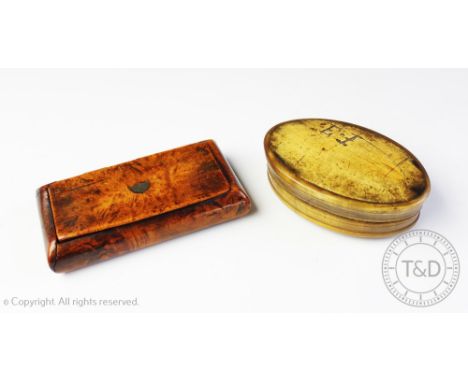 A late 18th century burr wood snuff box, of rectangular form with hinged cover set with vacant shield cartouche, 9.5cm wide a