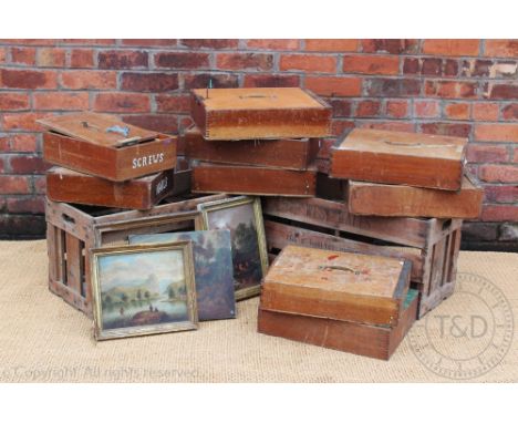 Two vintage West Wales egg and poultry crates, 37cm H x 70cm W x 34cm D, with seven vintage crates, with lockable lids and tw