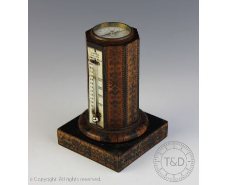 A late 19th century Tunbridgeware desk compass and thermometer, modelled as an octagonal column on square base, thermometer w