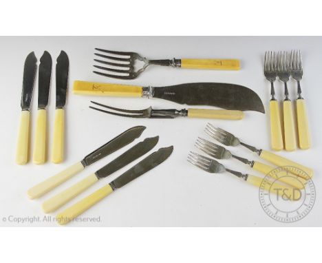 A set of six silver fish knives and forks, Frank Cobb & Co Ltd, Sheffield 1934 accompanied with a pair EP crested fish server