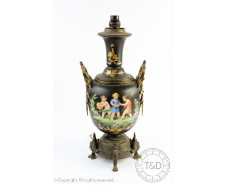 A late 19th century French enamelled porcelain and gilt metal mounted lamp base, decorated with frolicking cherubs, 61cm high